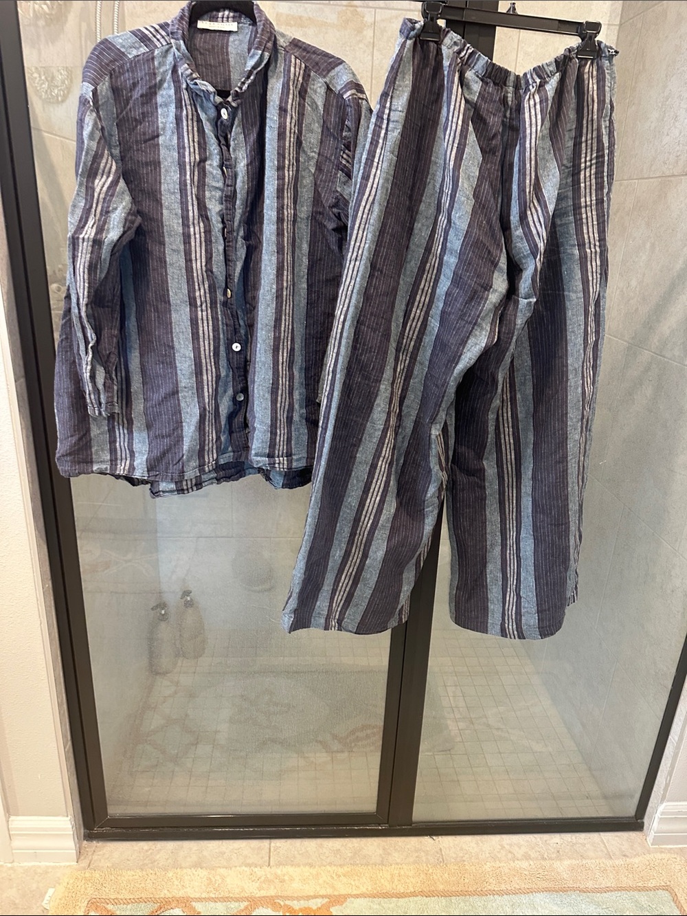bryn Walker Striped Pantsuit in Navy and Light Blue